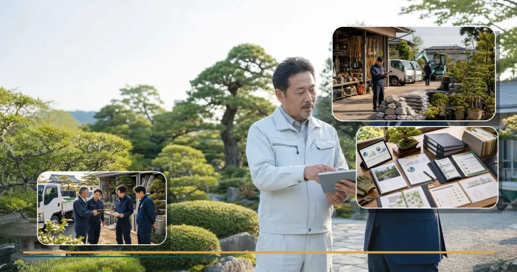 地域密着の造園会社M&Aで年間管理契約、番頭、置場、車両、資料を整理して事業承継を検討する様子