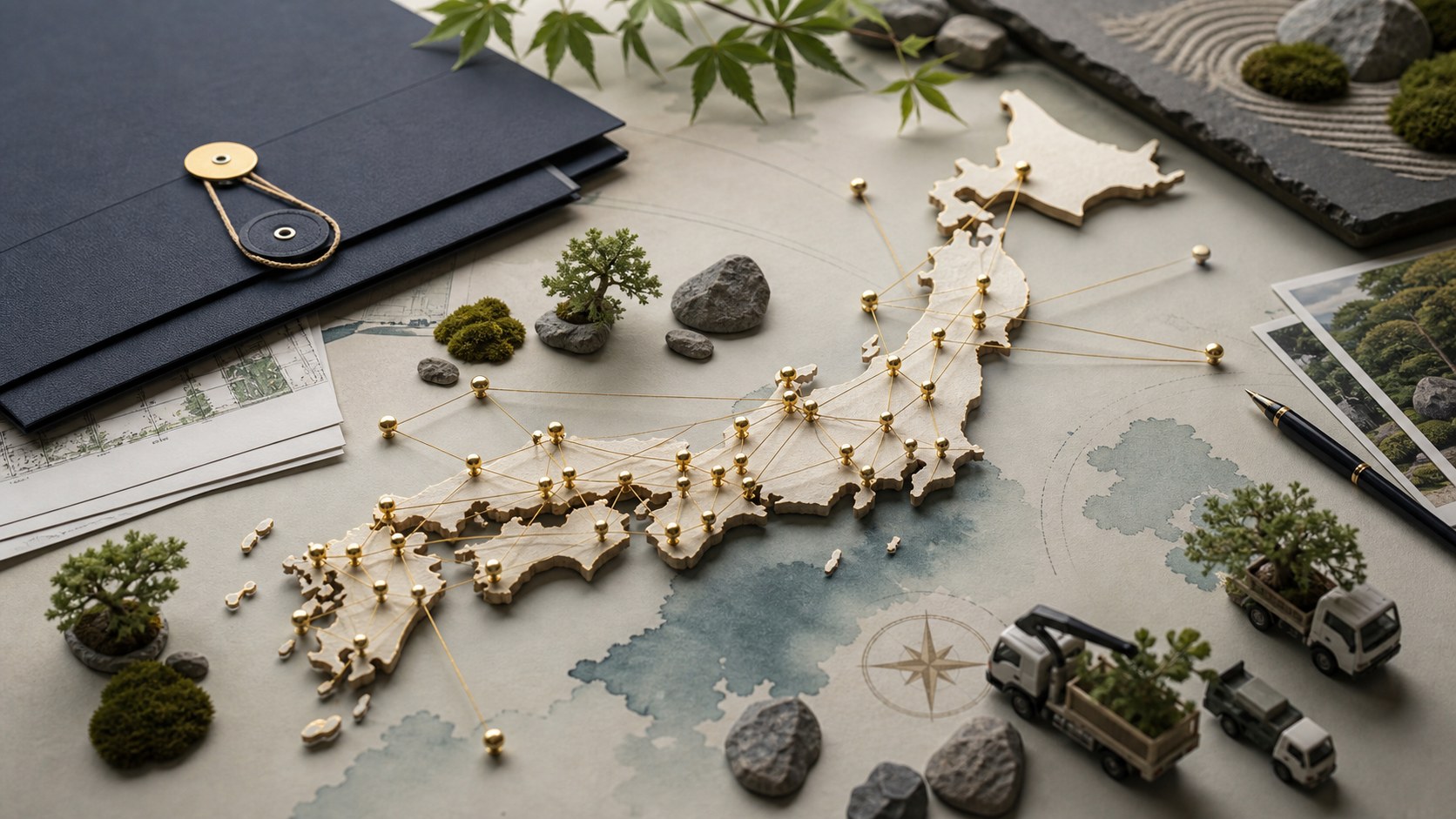 日本地図、庭石、植木、書類で全国の匿名打診ネットワークを表現したイメージ