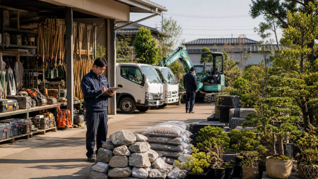 造園会社の車両、重機、剪定道具、植木在庫が整理された資材置場