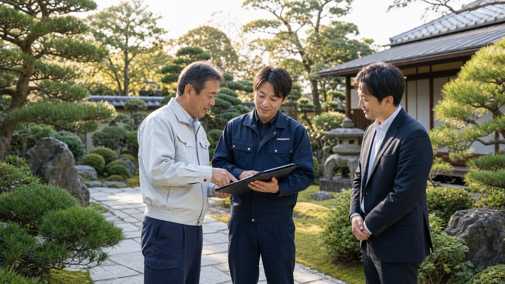 造園会社の代表者、職長、M&Aアドバイザーが庭園管理の品質を確認している様子