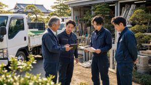 造園会社の職人チームが資材置場で当日の作業予定を確認している様子