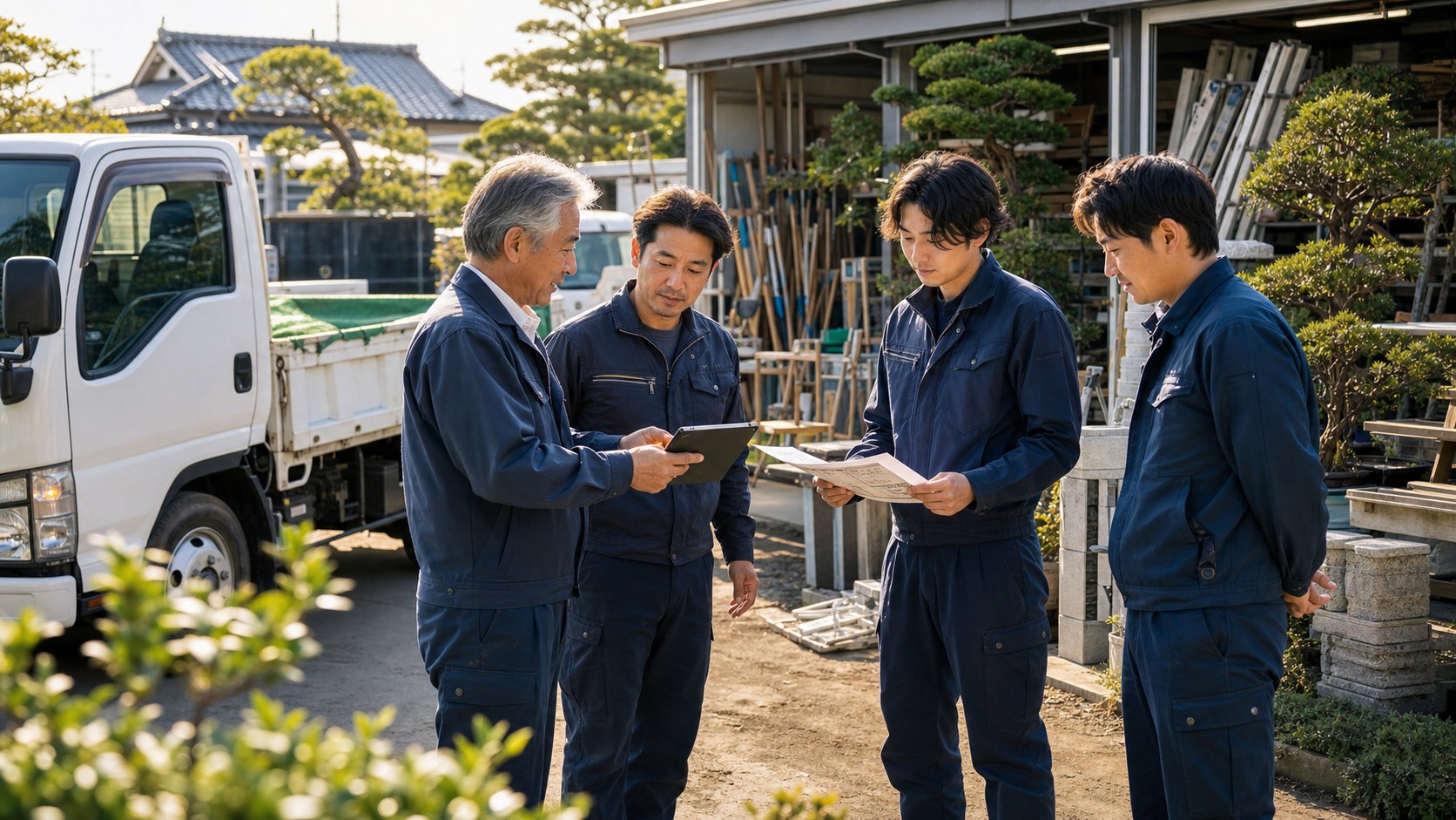 造園会社の職人チームが資材置場で作業予定を確認している様子