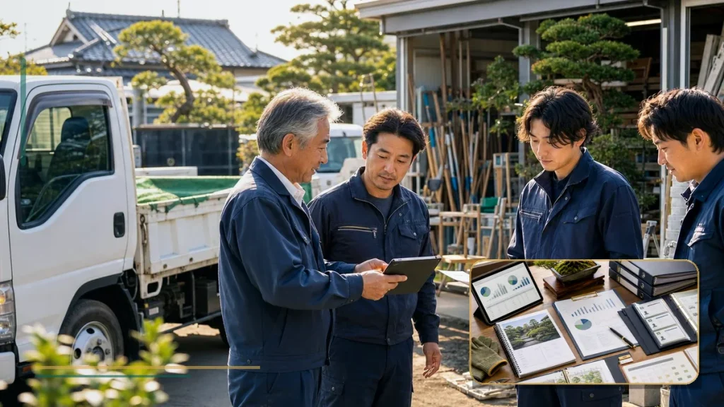 外構工事やエクステリア工事を行う造園会社のM&Aで図面、見積り、施工管理、協力会社体制を確認する様子