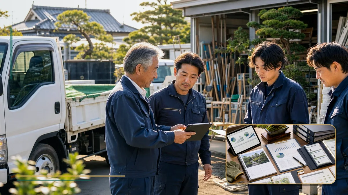 外構工事やエクステリア工事を行う造園会社のM&Aで図面、見積り、施工管理、協力会社体制を確認する様子