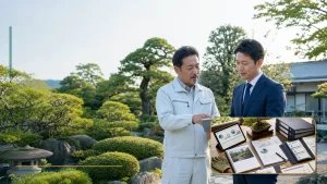 マンションや商業施設、工場緑地の管理を行う造園会社のM&Aで巡回計画、報告書、作業体制を確認する様子