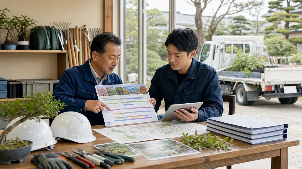 造園会社M&Aで年間作業カレンダー、繁忙期人員、巡回ルートを確認する承継相談の様子