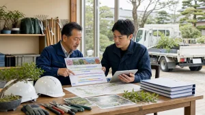 造園会社M&Aで年間作業カレンダー、繁忙期人員、巡回ルートを確認する承継相談の様子