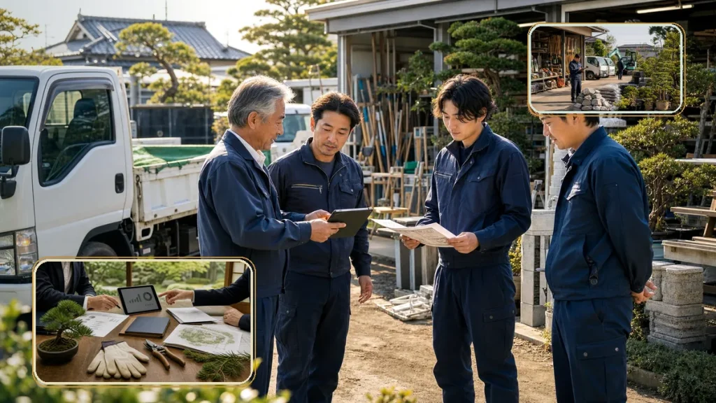 造園会社のM&Aで原価管理、見積書、現場別採算、職人配置を確認する承継相談の様子