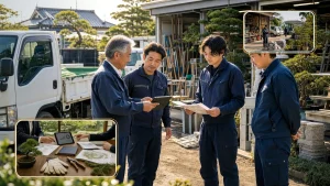 造園会社のM&Aで原価管理、見積書、現場別採算、職人配置を確認する承継相談の様子