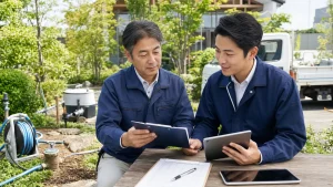 造園会社M&Aで灌水管理、井戸ポンプ、自動灌水設備の点検資料を確認する承継相談の様子