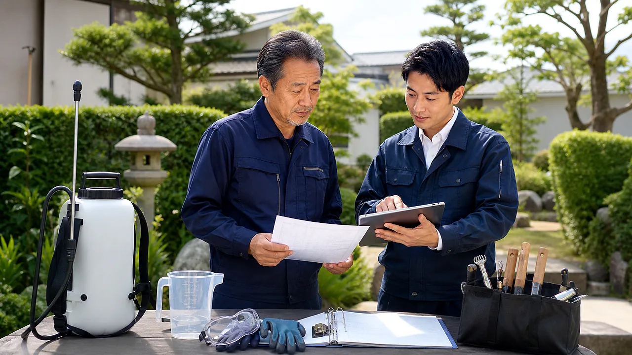 造園会社M&Aで薬剤散布、病害虫管理、安全説明台帳を確認する承継相談の様子