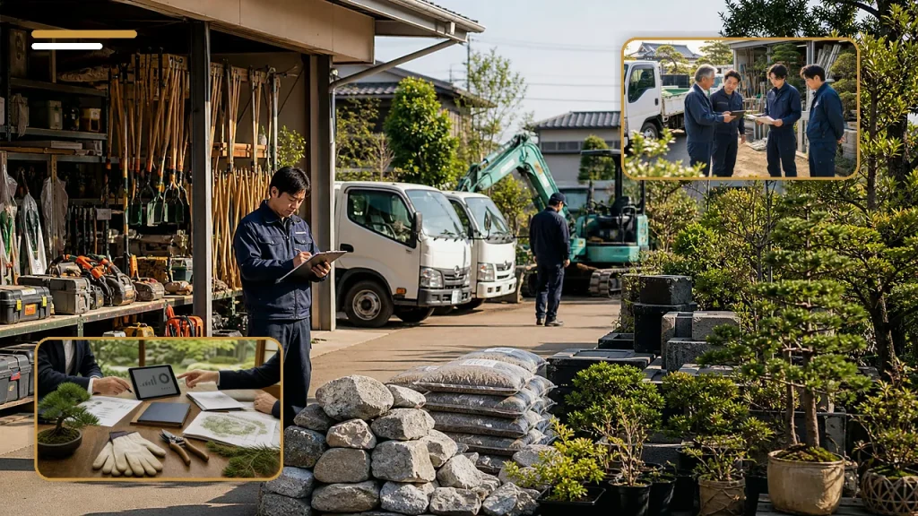造園会社M&Aで剪定枝処分、置場、車両動線、処分費を確認する承継相談の様子