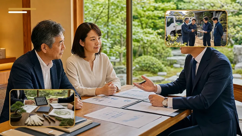 造園会社M&Aで工務店、管理会社、不動産会社からの紹介経路と顧客の引き継ぎを確認する承継相談の様子