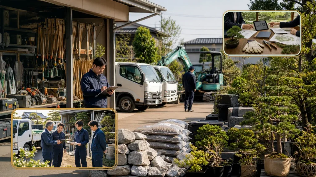 造園会社のM&Aで安全管理、資格者体制、高木作業、労務管理を確認する承継相談の様子