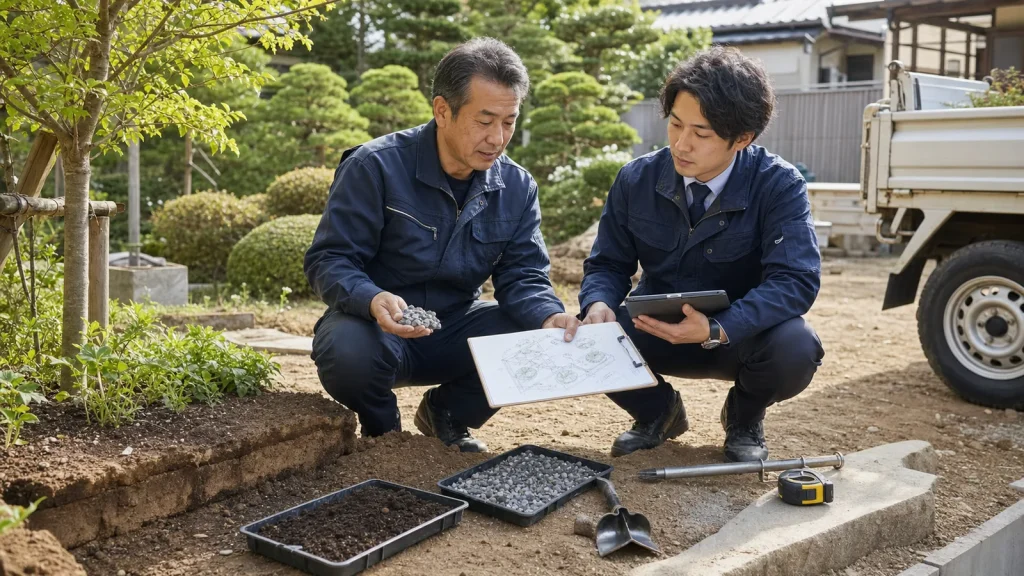 造園会社M&Aで土壌改良、排水対策、植栽基盤の資料を確認する承継相談の様子