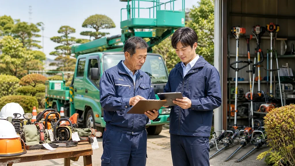 造園会社M&Aで車両、高所作業車、機械工具の点検台帳を確認する承継相談の様子