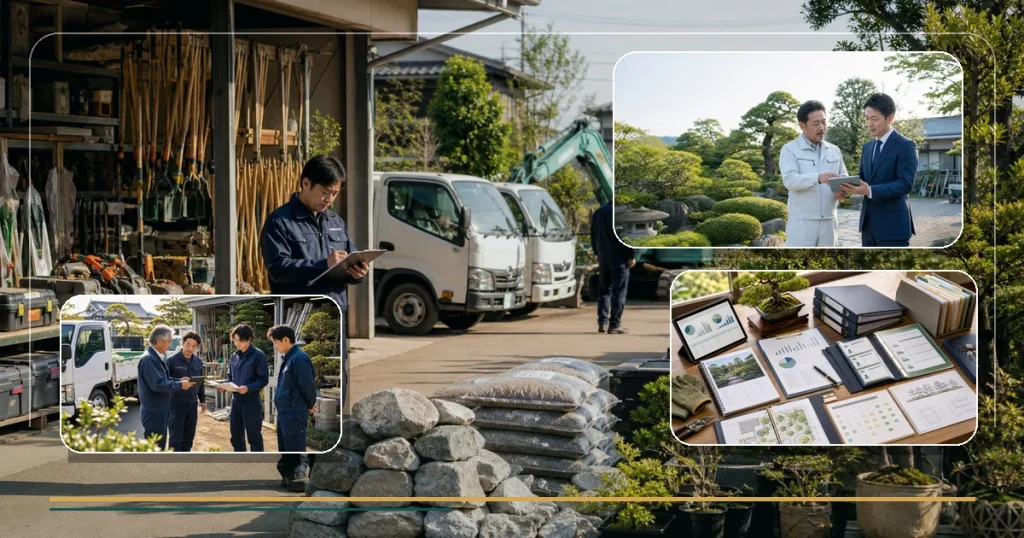 公共工事や街路樹管理を行う造園会社のM&Aで置場、車両、資料、技術者体制を整理する様子