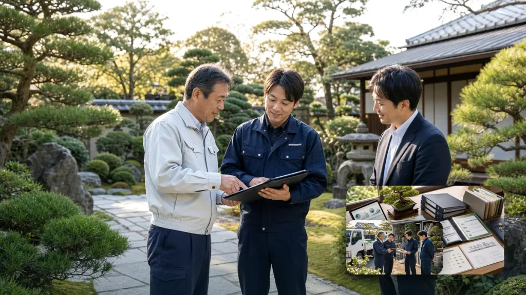 個人邸や邸宅庭園を管理する造園会社のM&Aで紹介経路、顧客台帳、職人の所作を確認する庭園現場