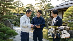個人邸や邸宅庭園を管理する造園会社のM&Aで紹介経路、顧客台帳、職人の所作を確認する庭園現場