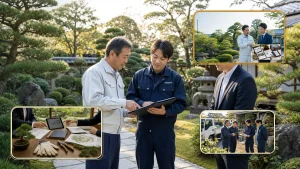 学校、病院、介護施設の緑地管理を行う造園会社のM&Aで安全配慮、年間契約、報告体制を確認する承継相談の様子