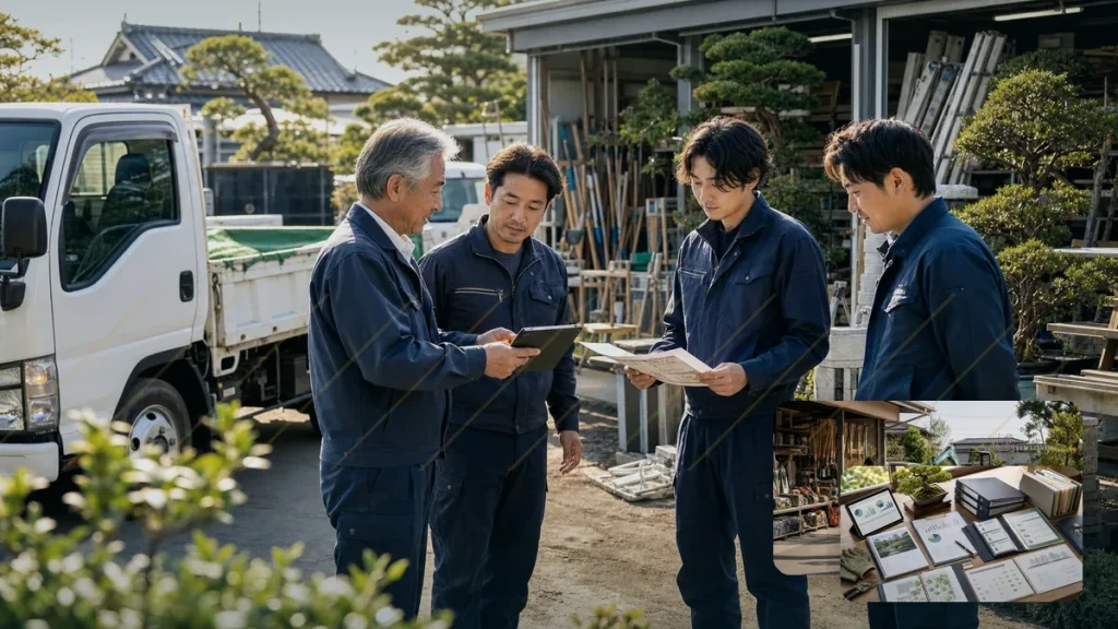 台風や倒木、高木管理に対応する造園会社のM&Aで緊急対応力、安全管理、地域信用を確認する現場ミーティング