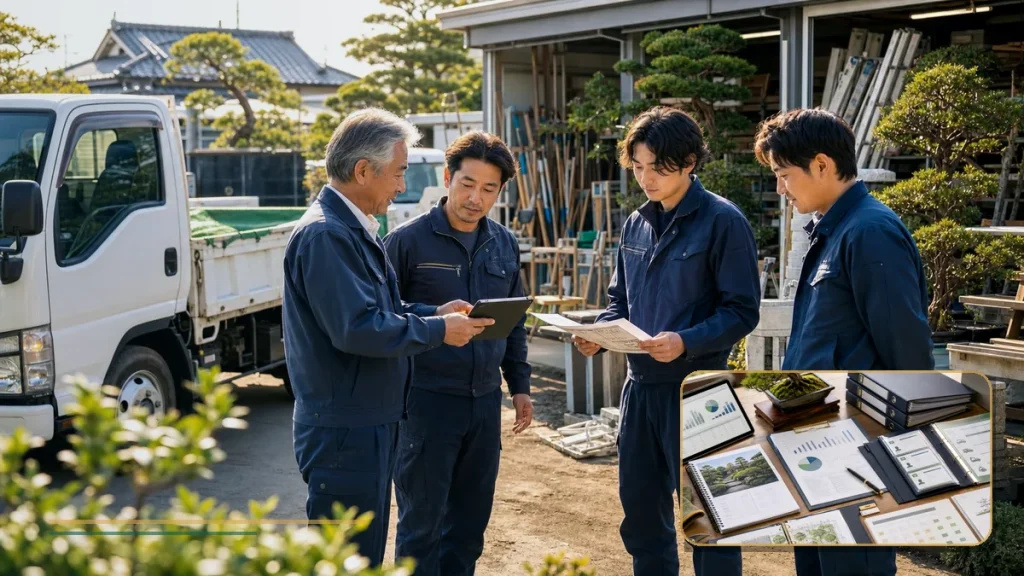 植木生産や圃場を持つ造園会社のM&Aで在庫、出荷先、置場、資料を整理して事業承継を検討する様子