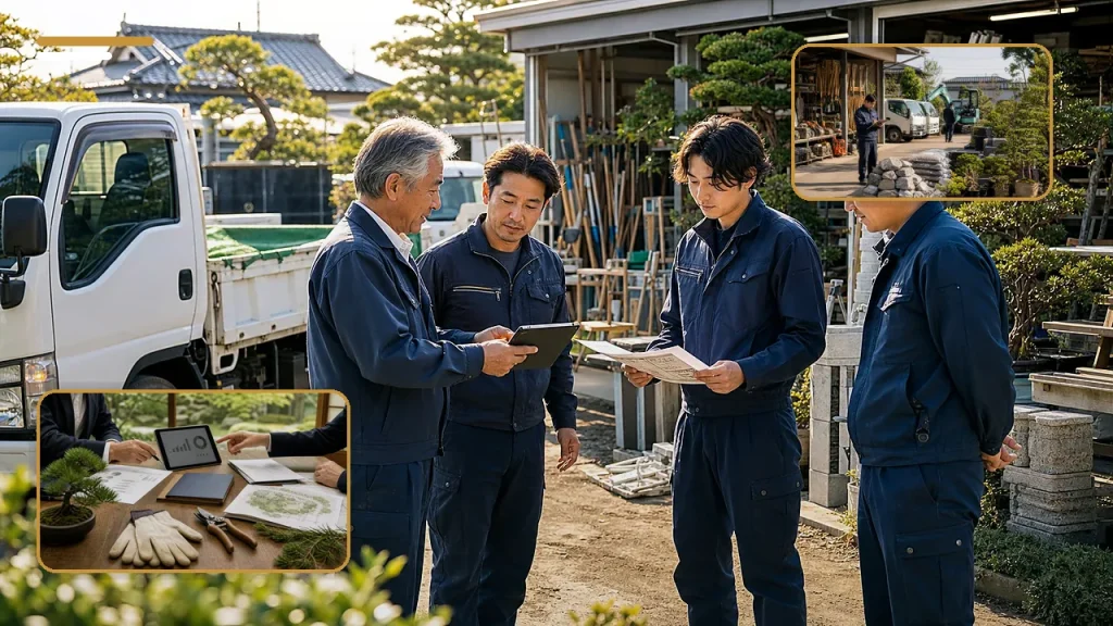 植木屋や一人親方の造園会社M&Aで顧客台帳、帳簿、外注網を確認する承継相談の様子
