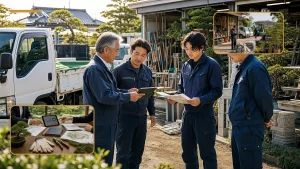 植木屋や一人親方の造園会社M&Aで顧客台帳、帳簿、外注網を確認する承継相談の様子