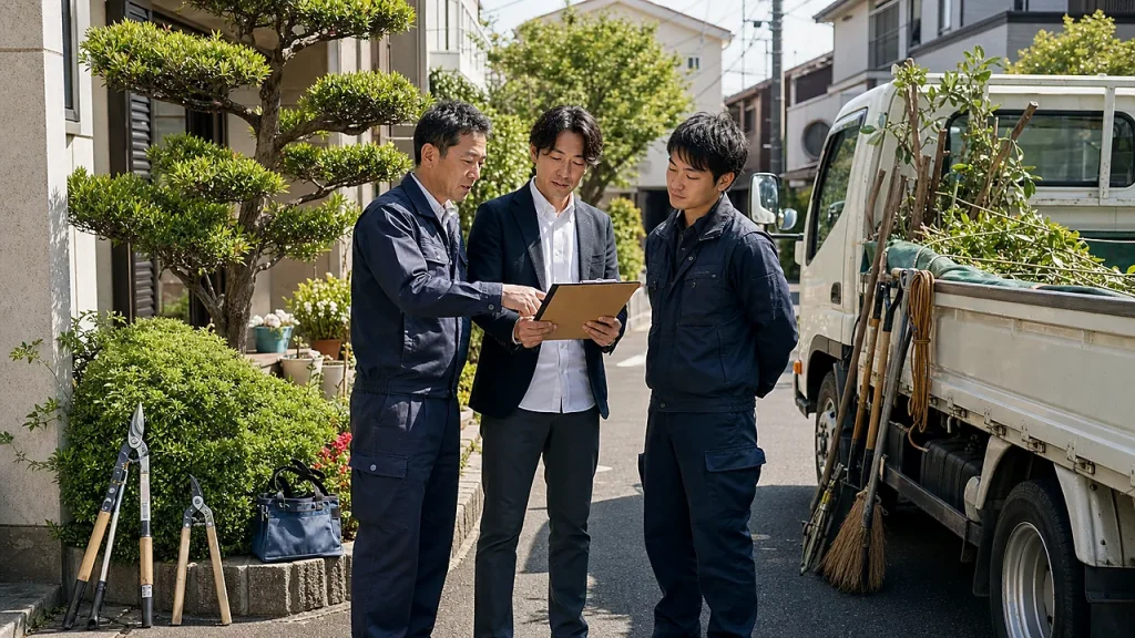 都市部や住宅密集地の造園会社M&Aで駐車制約、近隣対応、騒音管理を確認する承継相談の様子