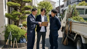 都市部や住宅密集地の造園会社M&Aで駐車制約、近隣対応、騒音管理を確認する承継相談の様子