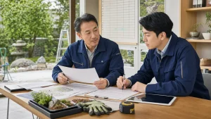 造園会社M&Aで追加工事、仕様変更、見積説明の資料を確認する承継相談の様子