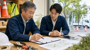 造園会社M&Aで道路占用、交通誘導、作業許可の資料を確認する承継相談の様子
