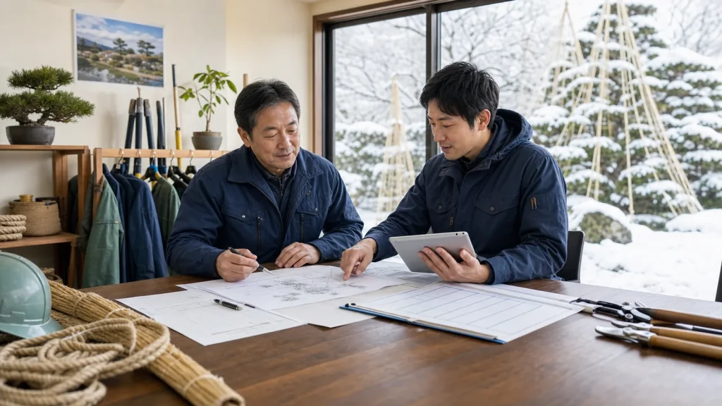造園会社M&Aで雪害対策、凍結対応、冬季管理計画を確認する承継相談の様子