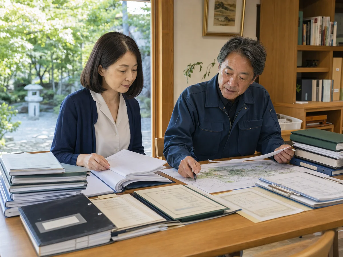 造園会社の経営者と事務担当者が年間管理契約・資格・車両台帳・庭園図面を整理する様子
