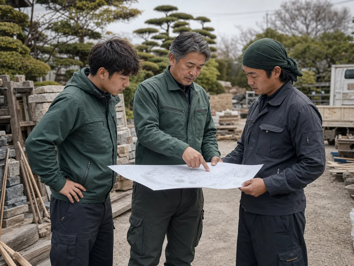 造園会社の職人3人が資材置場で庭園図面を確認する様子